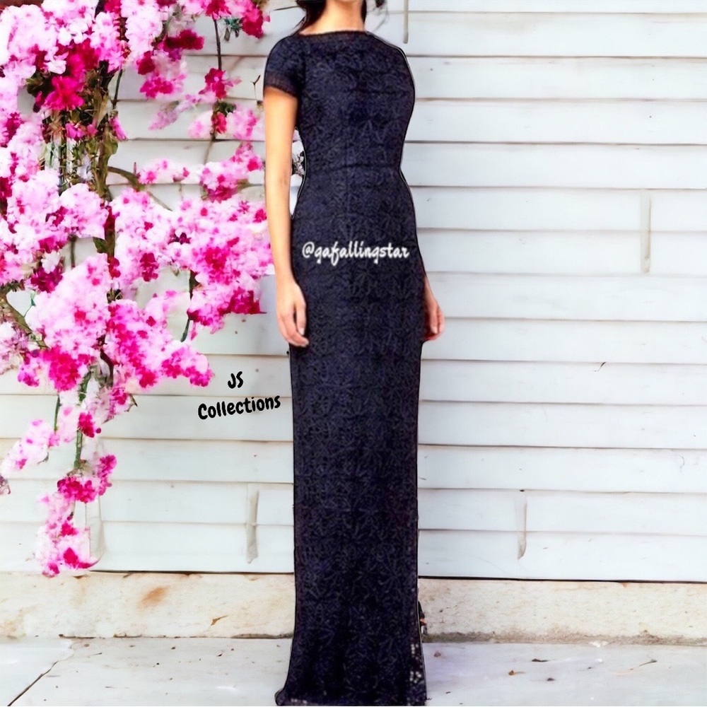 JS Collections Sequin Embellished Crochet Column Gown - Picture 1 of 14